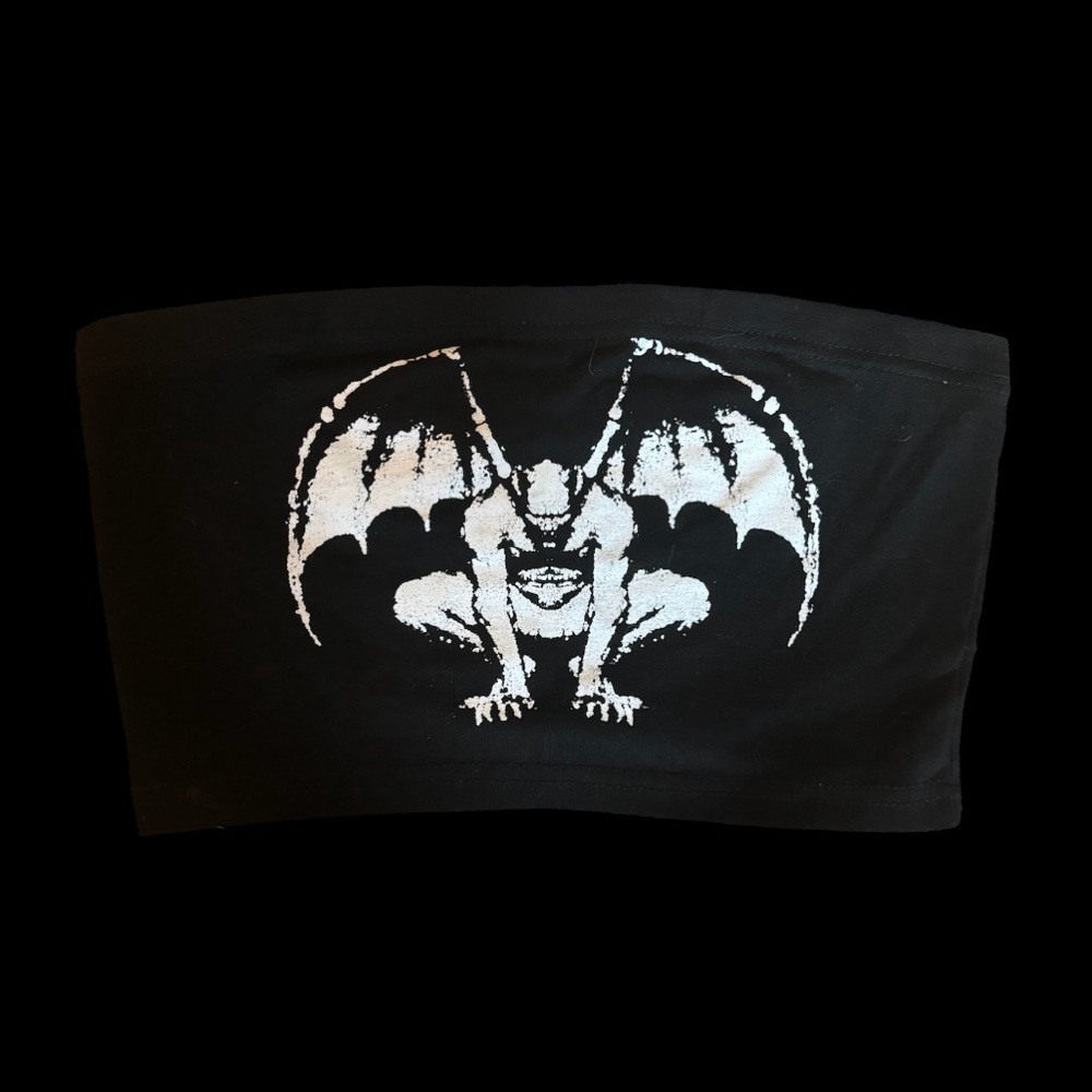 black and white demon printed strapless top :3